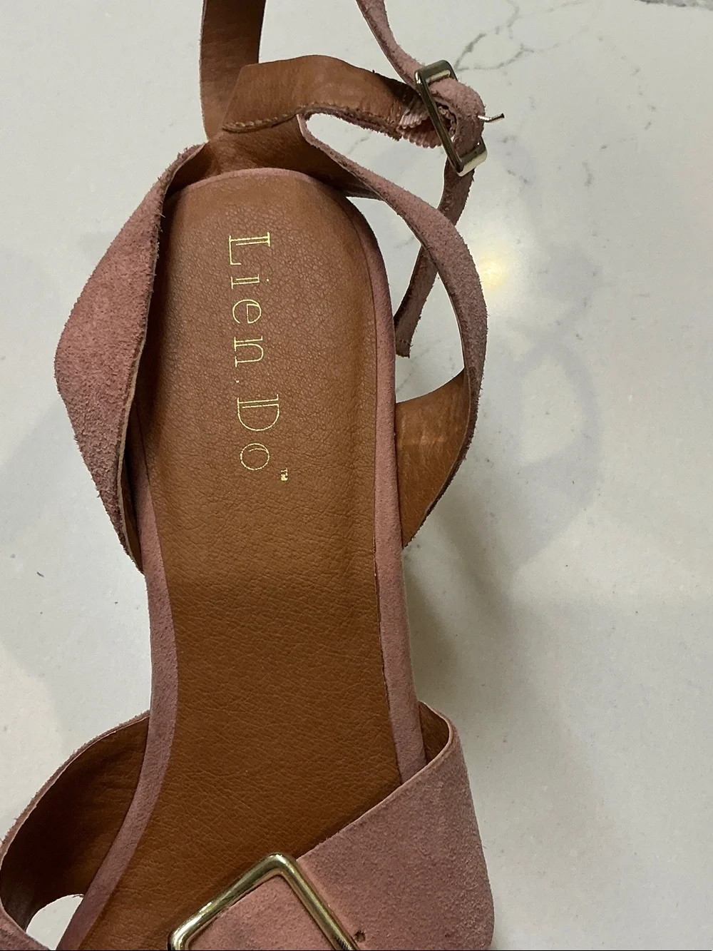 Lien Do Suede Ankle-Strap Cork Wedge Sandals in Dusty Rose Gently Worn Sz8.5